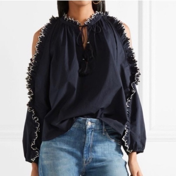 EUC ULLA JOHNSON Blue Amandine Embroidered Cold Shoulder Ruffle Blouse - Picture 2 of 10